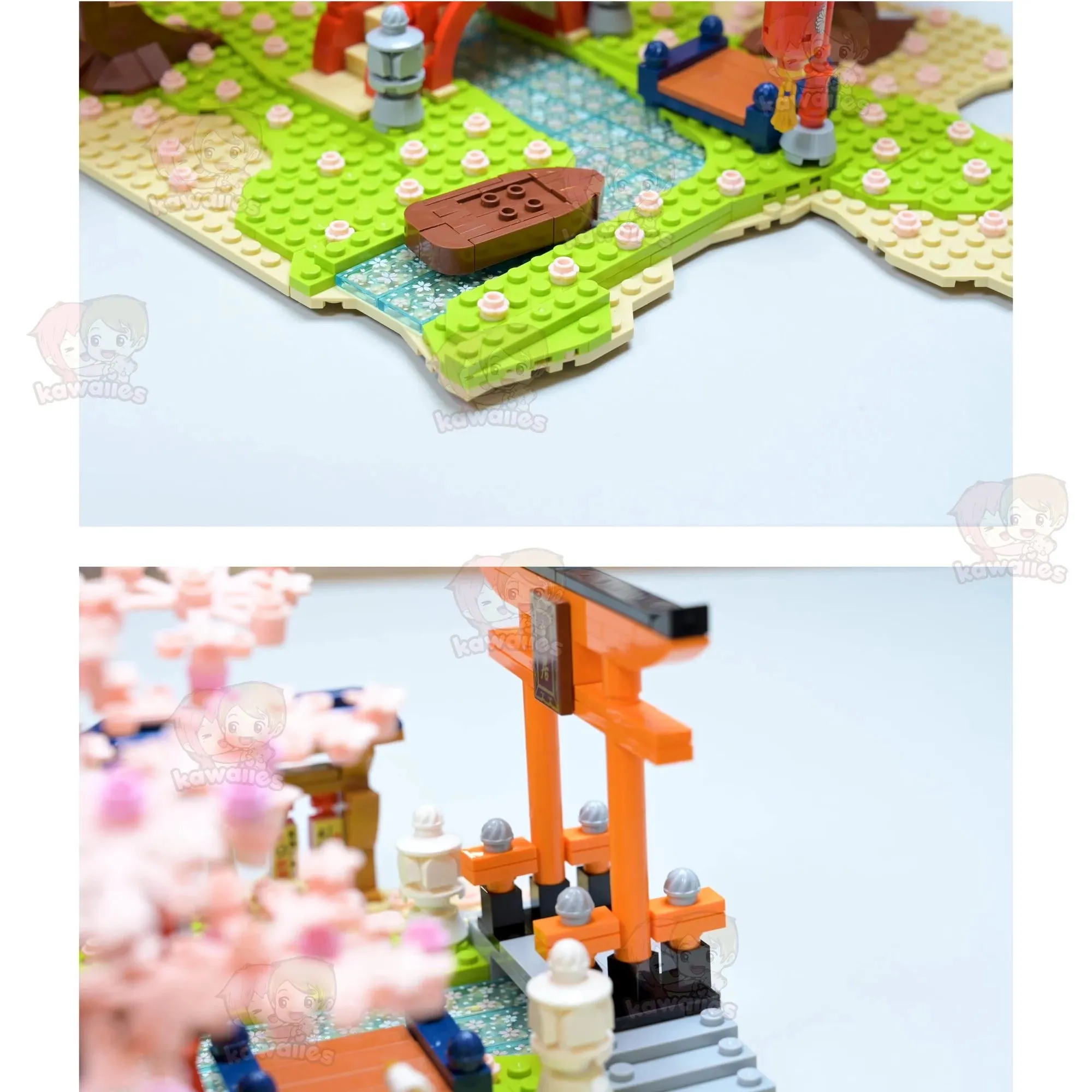 Cute Japanese Building Set Hakone Red Bridge Lake View with Sakura Trees