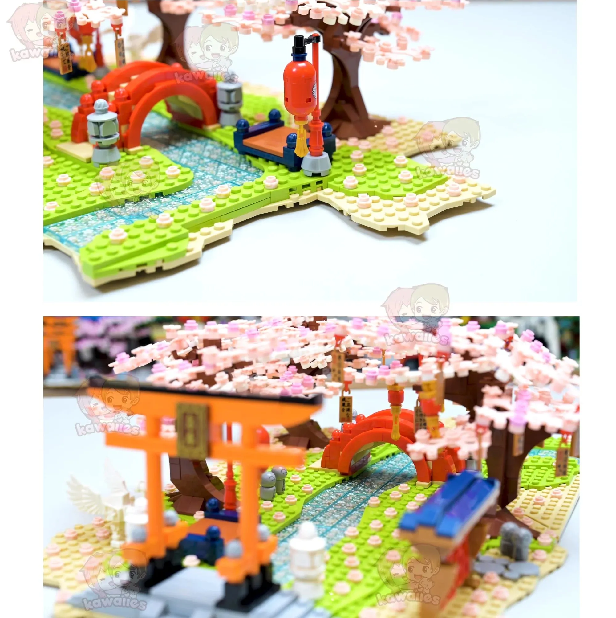 Cute Japanese Building Set Hakone Red Bridge Lake View with Sakura Trees