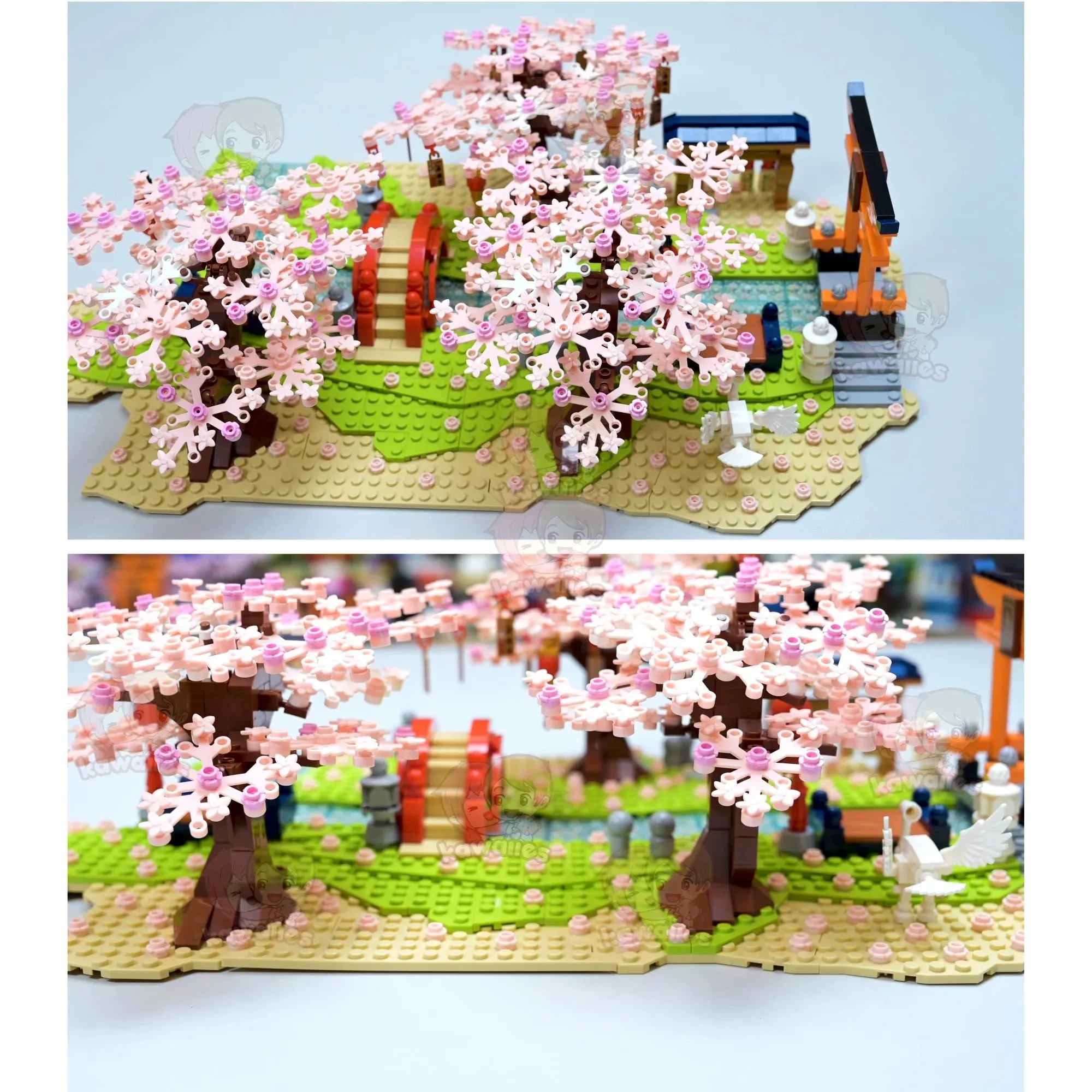 Cute Japanese Building Set Hakone Red Bridge Lake View with Sakura Trees