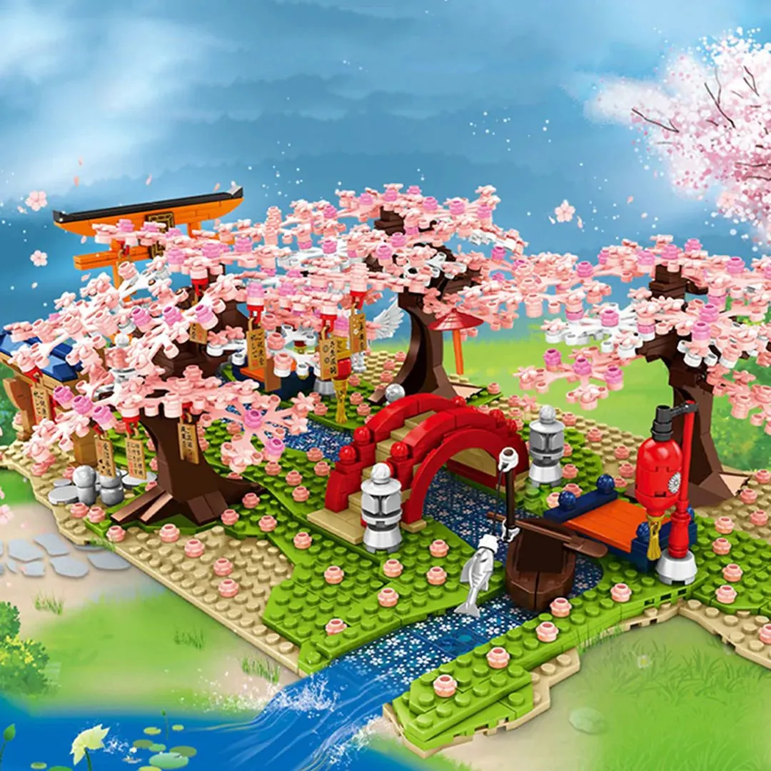 Cute Japanese Building Set Hakone Red Bridge Lake View with Sakura Trees
