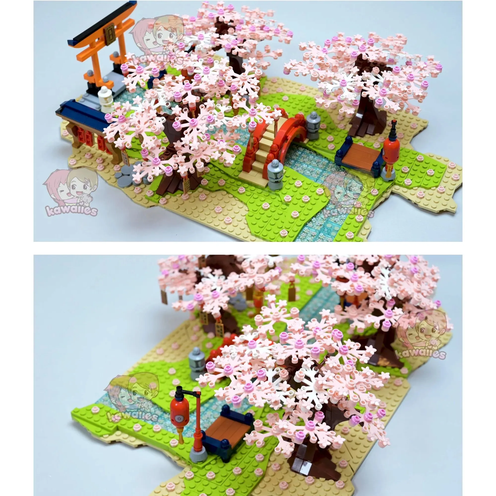 Cute Japanese Building Set Hakone Red Bridge Lake View with Sakura Trees