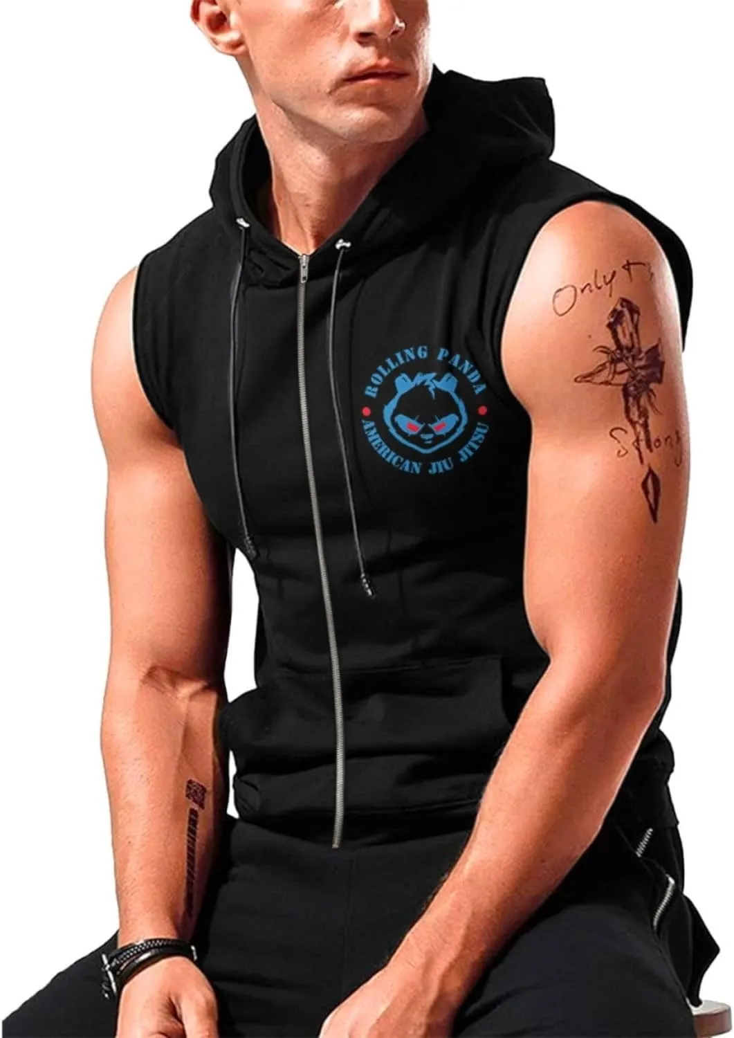 Desantiago - Mens Fashion Muscle Hooded Workout Hooded Tank Tops with Pocket Gym Training Zip Hoodies Sleeveless