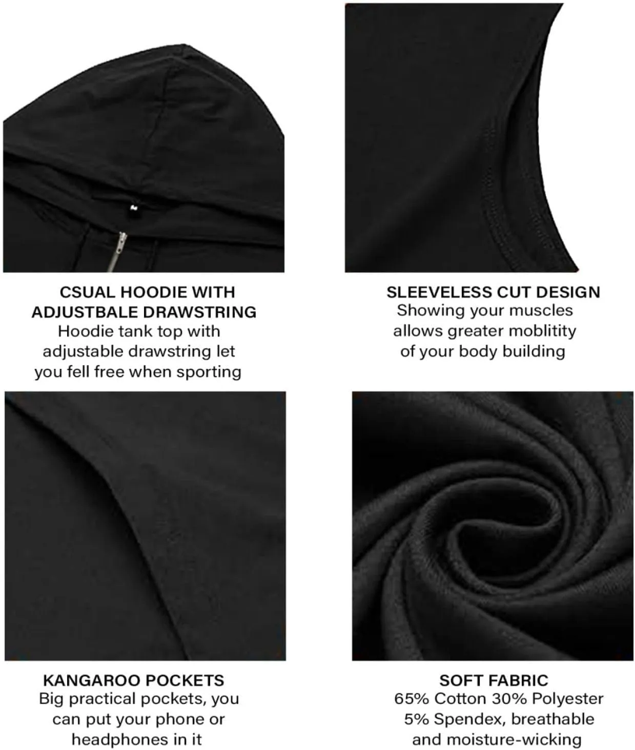 Desantiago - Mens Fashion Muscle Hooded Workout Hooded Tank Tops with Pocket Gym Training Zip Hoodies Sleeveless