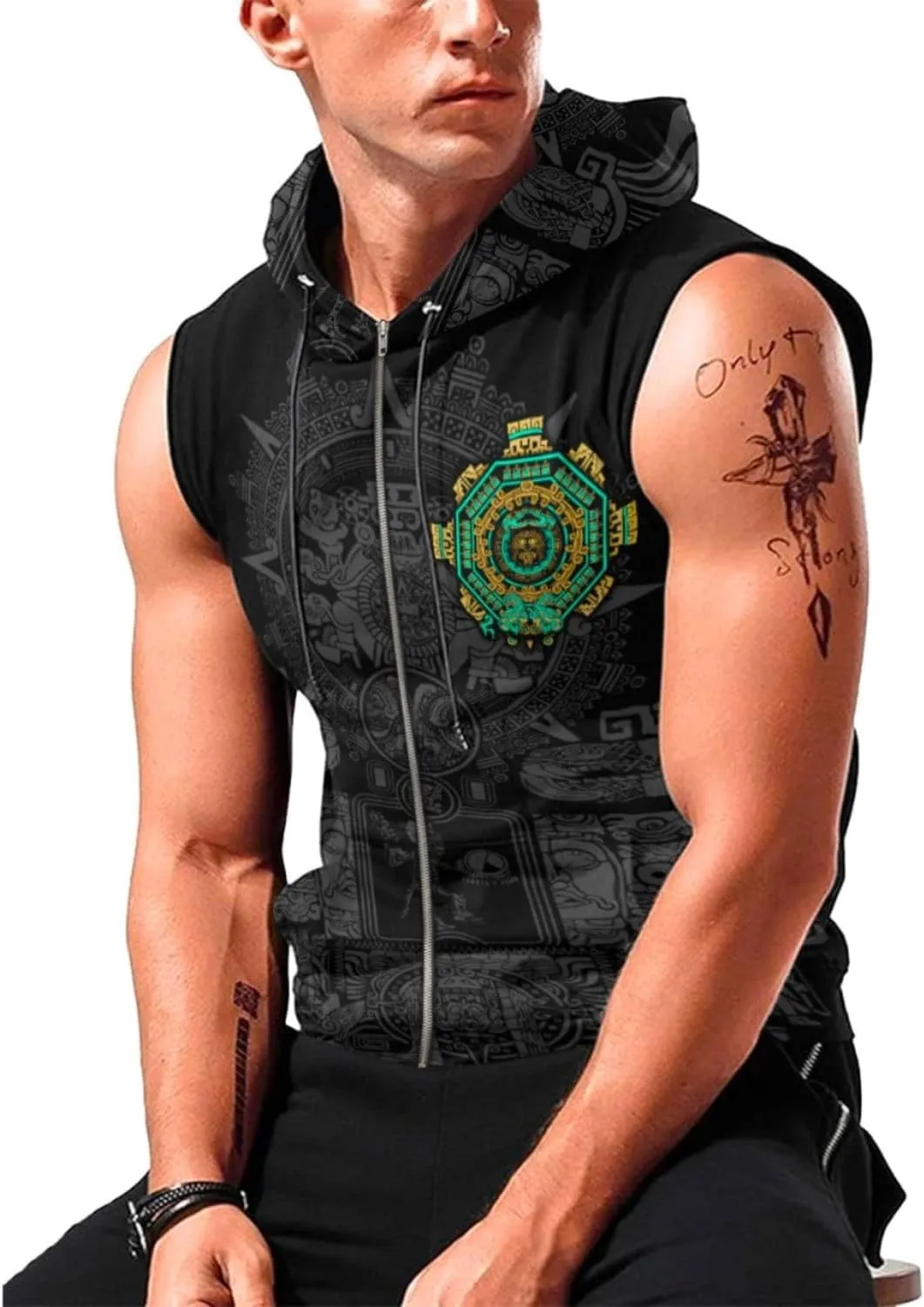 Desantiago - Mens Fashion Muscle Hooded Workout Hooded Tank Tops with Pocket Gym Training Zip Hoodies Sleeveless
