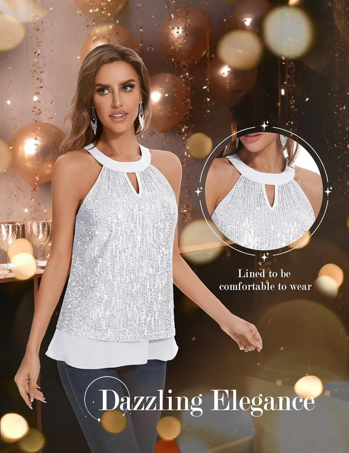 DRESSTELLS Sequin Halter Tops for Women Sleeveless Sparkly Shiny Tank Tops Bow Flowy Sparkly Club Outfits Party Shirt