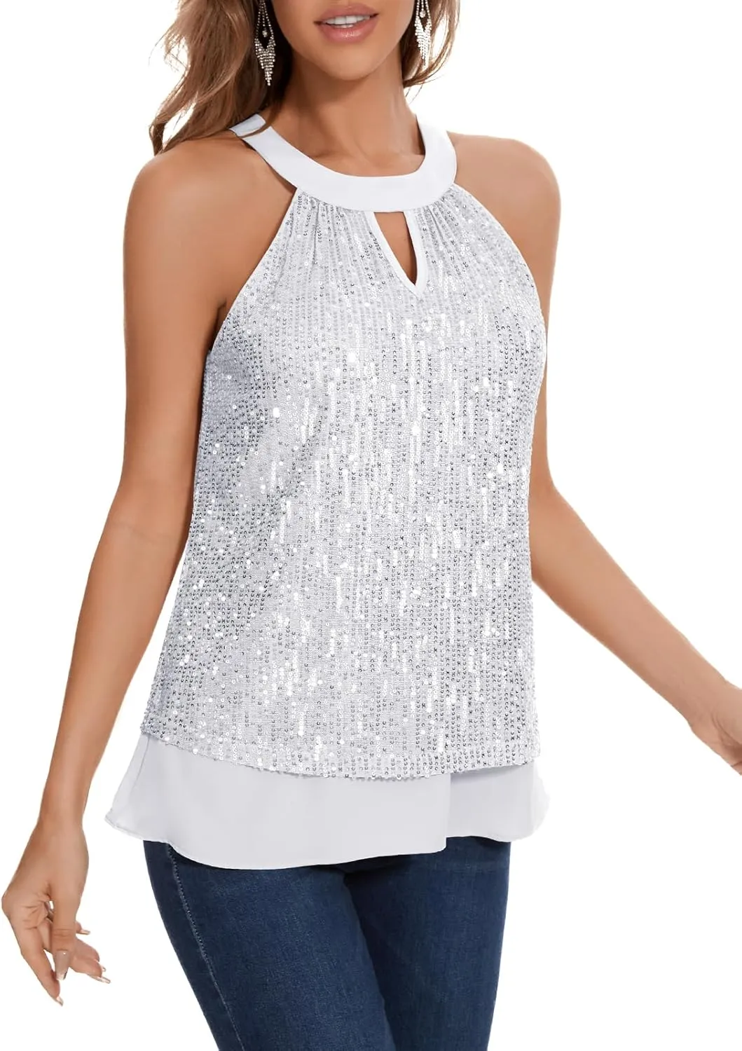 DRESSTELLS Sequin Halter Tops for Women Sleeveless Sparkly Shiny Tank Tops Bow Flowy Sparkly Club Outfits Party Shirt