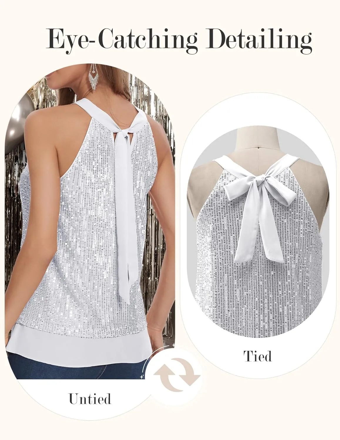DRESSTELLS Sequin Halter Tops for Women Sleeveless Sparkly Shiny Tank Tops Bow Flowy Sparkly Club Outfits Party Shirt