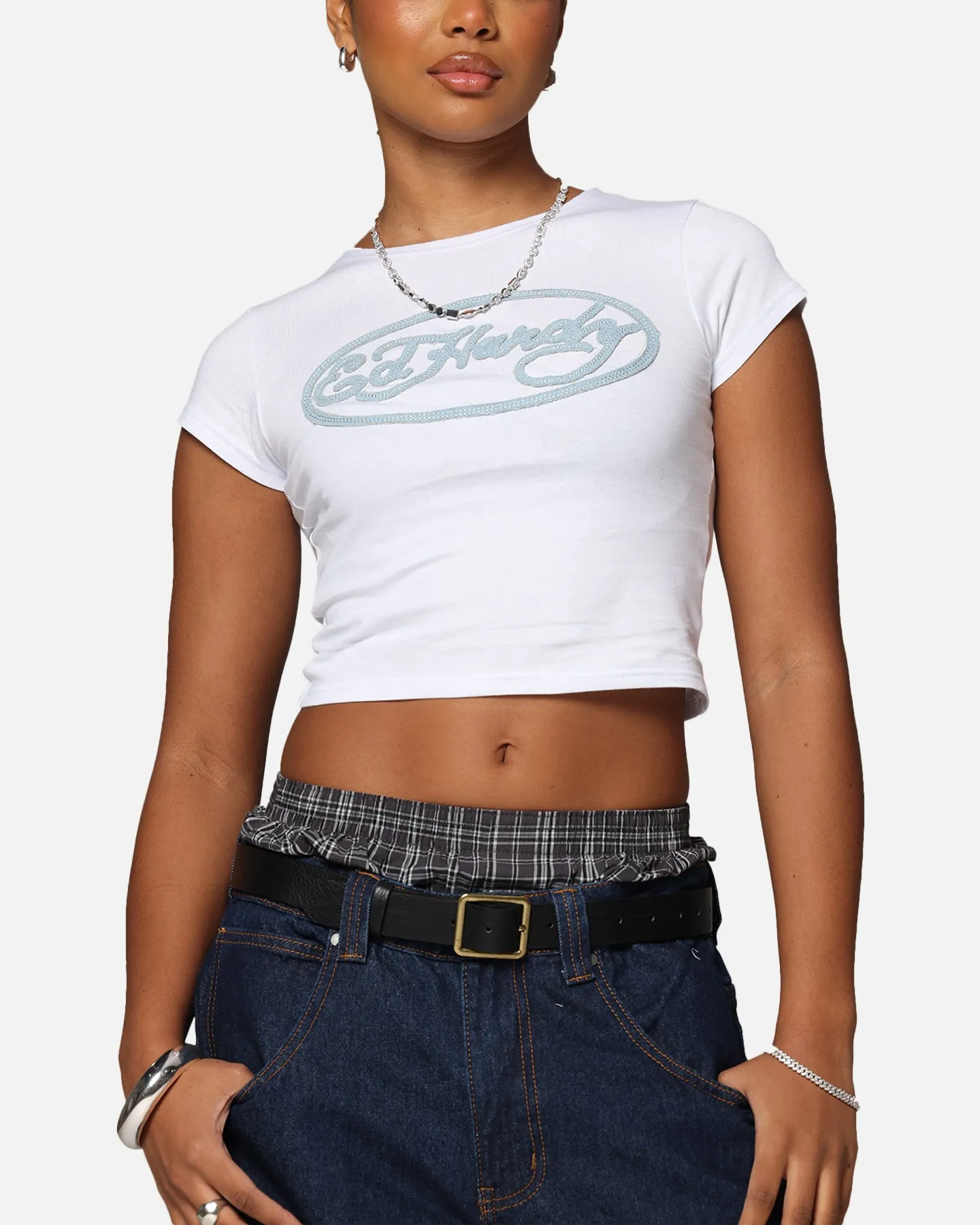 Ed Hardy Women's Distressed Logo Baby T-Shirt White