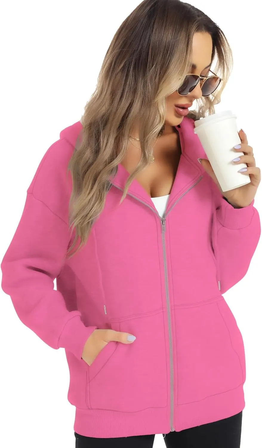 FANCYINN Womens Zip Up Hoodies Long Sleeve Oversized Sweatshirts Casual Drawstring Fall Fleece Jacket with Pockets