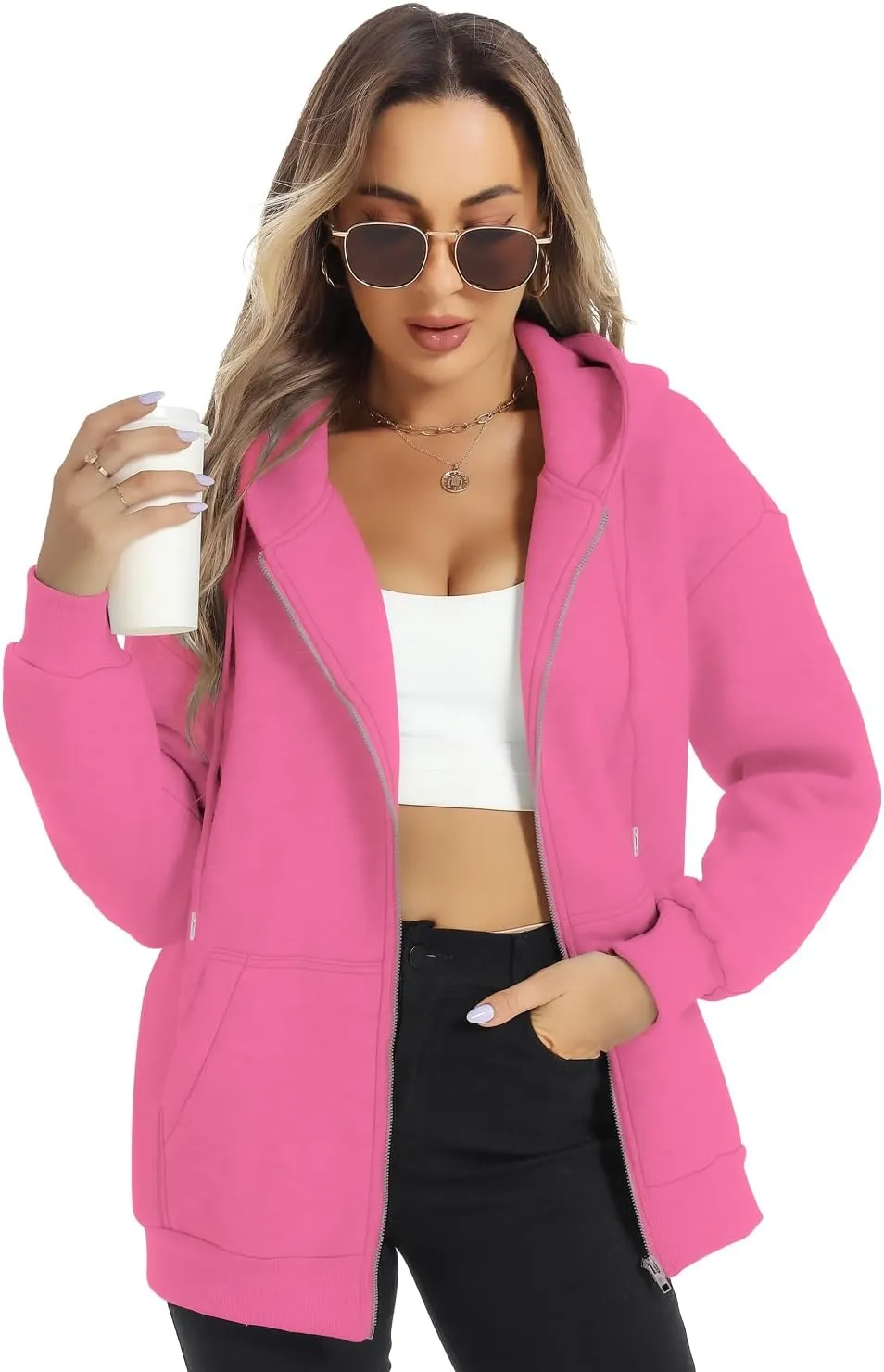 FANCYINN Womens Zip Up Hoodies Long Sleeve Oversized Sweatshirts Casual Drawstring Fall Fleece Jacket with Pockets