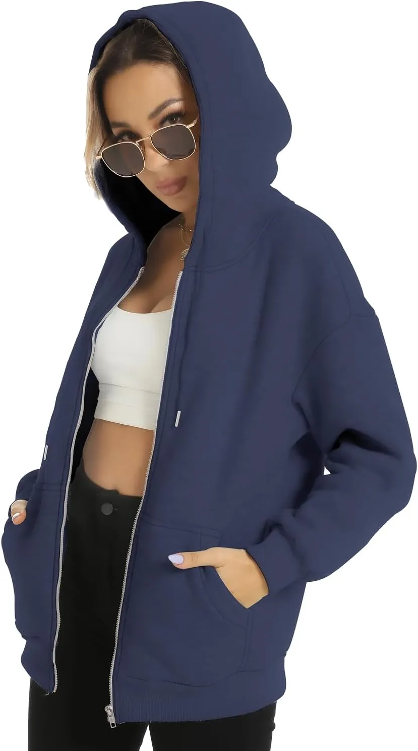 FANCYINN Womens Zip Up Hoodies Long Sleeve Oversized Sweatshirts Casual Drawstring Fall Fleece Jacket with Pockets