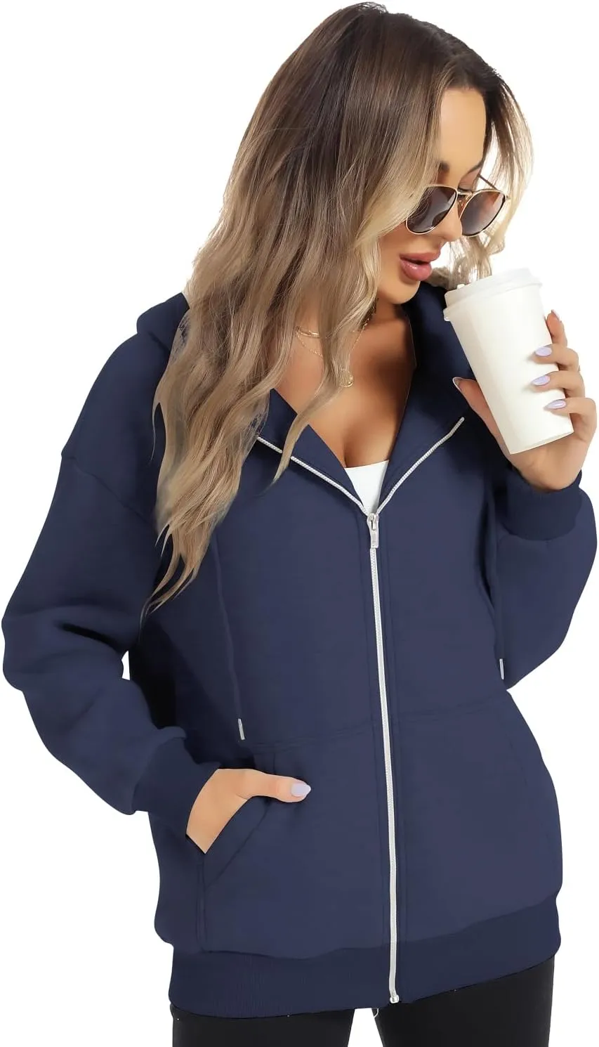 FANCYINN Womens Zip Up Hoodies Long Sleeve Oversized Sweatshirts Casual Drawstring Fall Fleece Jacket with Pockets