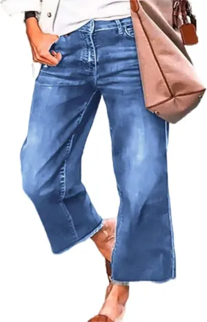Flamingals Straight Wide Leg Jeans for Women Mid Waisted Casual Raw Hem Denim Capris Pants with Pockets