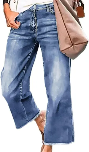 Flamingals Straight Wide Leg Jeans for Women Mid Waisted Casual Raw Hem Denim Capris Pants with Pockets
