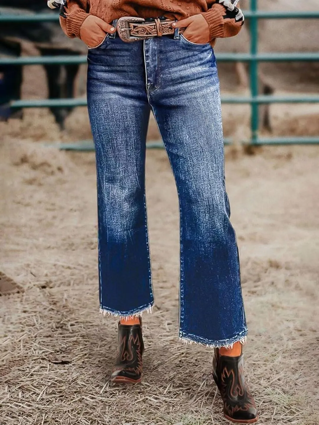Flamingals Straight Wide Leg Jeans for Women Mid Waisted Casual Raw Hem Denim Capris Pants with Pockets