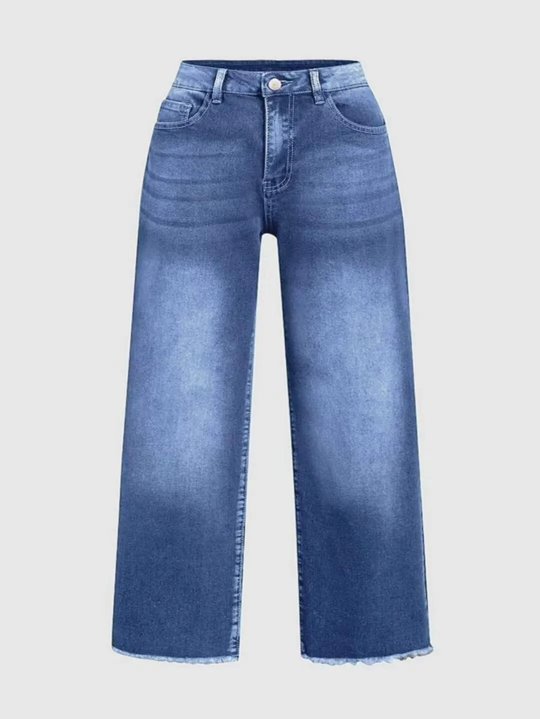Flamingals Straight Wide Leg Jeans for Women Mid Waisted Casual Raw Hem Denim Capris Pants with Pockets