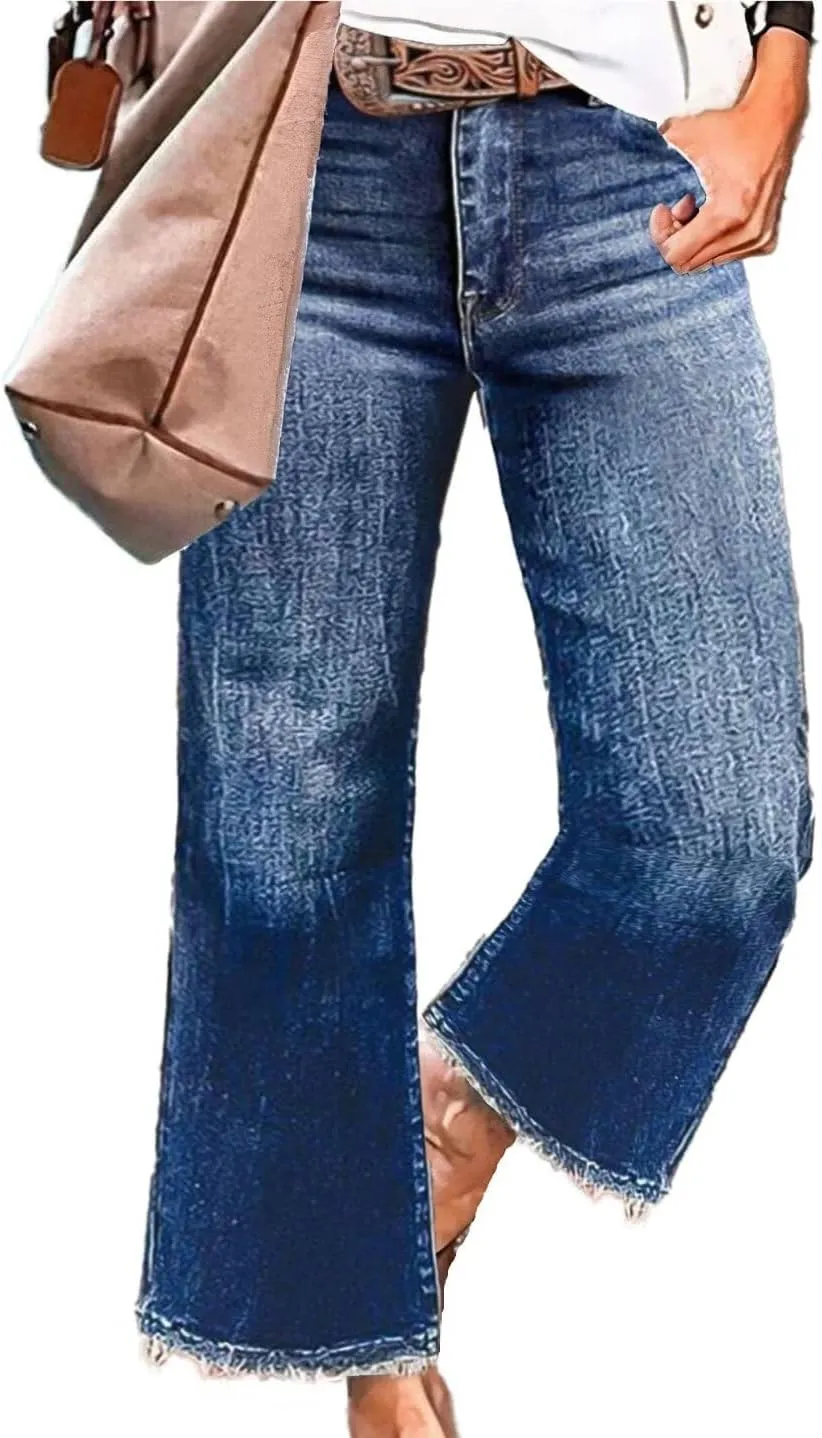 Flamingals Straight Wide Leg Jeans for Women Mid Waisted Casual Raw Hem Denim Capris Pants with Pockets