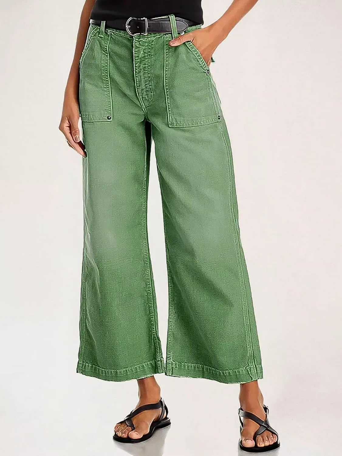 Flamingals Straight Wide Leg Jeans for Women Mid Waisted Casual Raw Hem Denim Capris Pants with Pockets