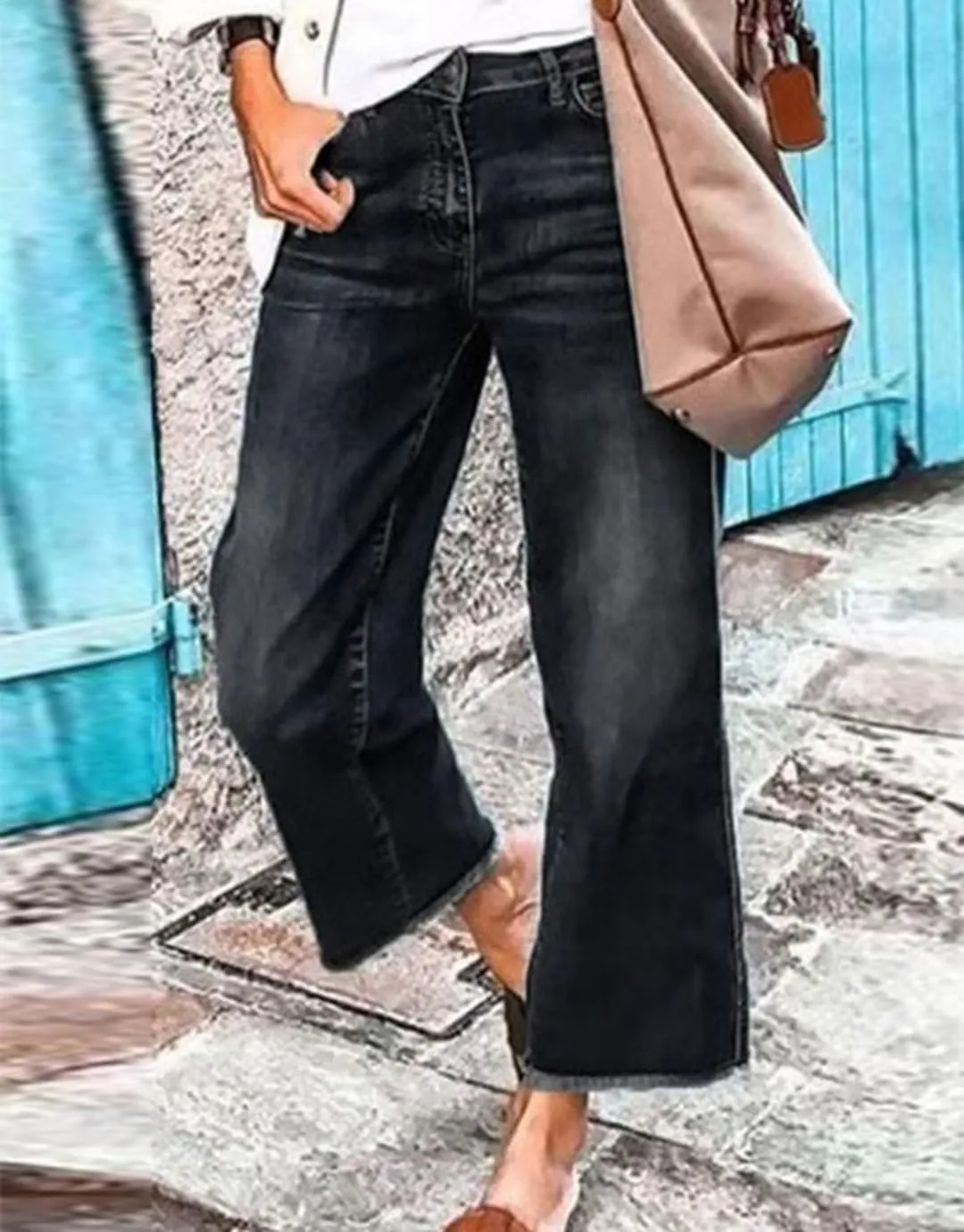 Flamingals Straight Wide Leg Jeans for Women Mid Waisted Casual Raw Hem Denim Capris Pants with Pockets