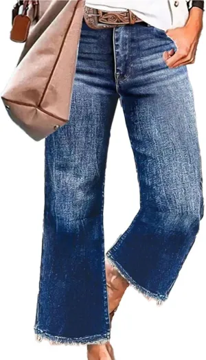 Flamingals Straight Wide Leg Jeans for Women Mid Waisted Casual Raw Hem Denim Capris Pants with Pockets