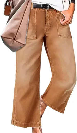 Flamingals Straight Wide Leg Jeans for Women Mid Waisted Casual Raw Hem Denim Capris Pants with Pockets