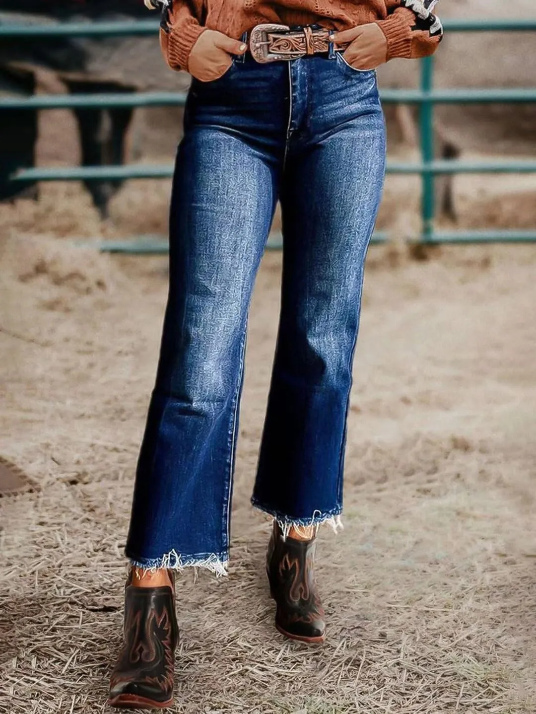 Flamingals Straight Wide Leg Jeans for Women Mid Waisted Casual Raw Hem Denim Capris Pants with Pockets