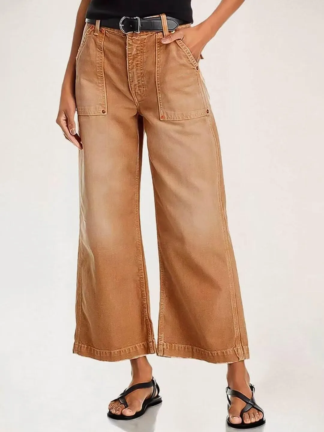 Flamingals Straight Wide Leg Jeans for Women Mid Waisted Casual Raw Hem Denim Capris Pants with Pockets
