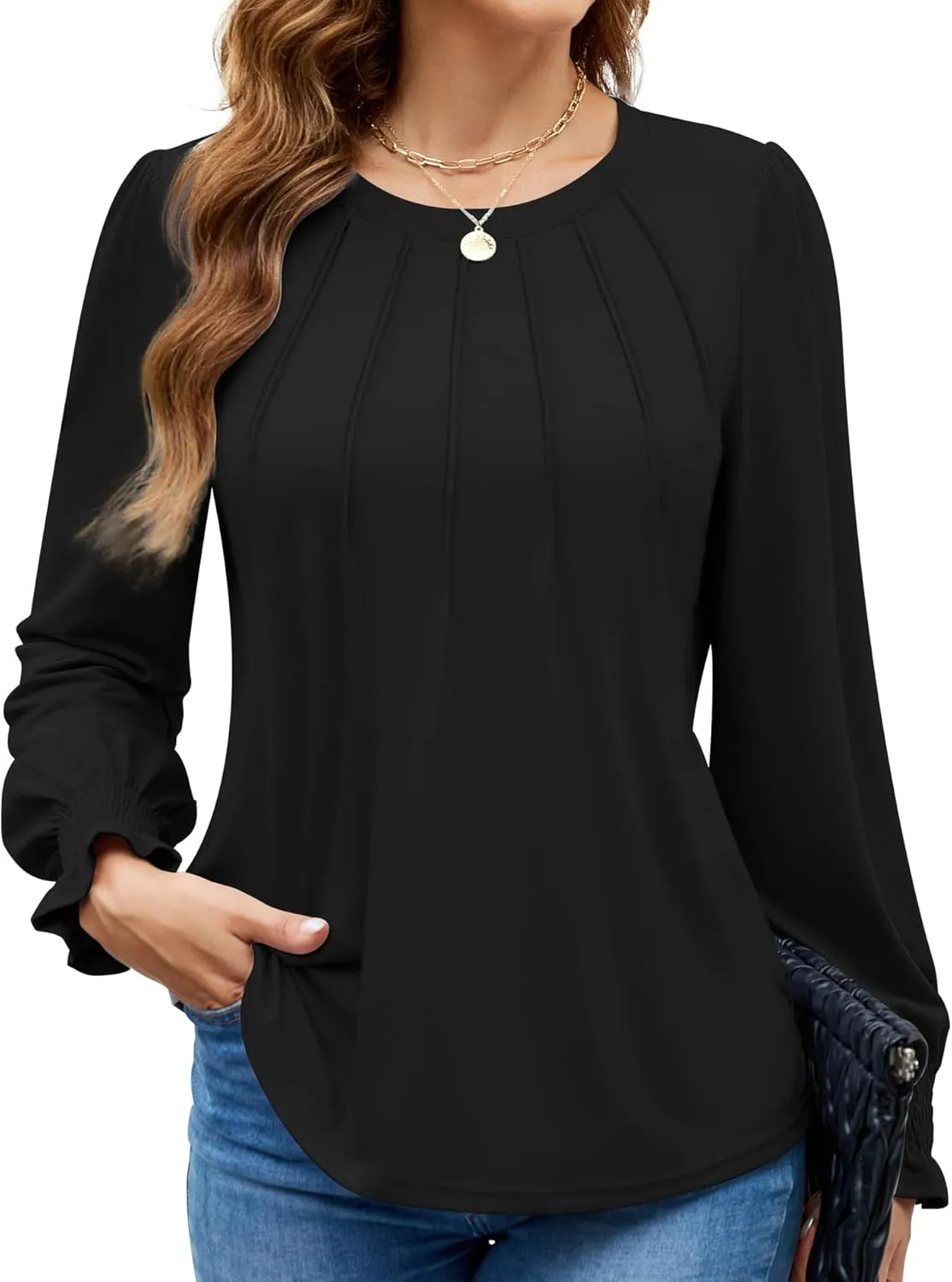 Funlingo Womens Long Sleeve Tops Fashion Fall Shirts Scoop Neck Pleated Ruffle Loose Tunic Tops Business Work Blouse
