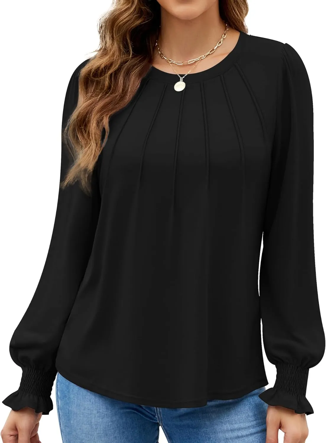 Funlingo Womens Long Sleeve Tops Fashion Fall Shirts Scoop Neck Pleated Ruffle Loose Tunic Tops Business Work Blouse