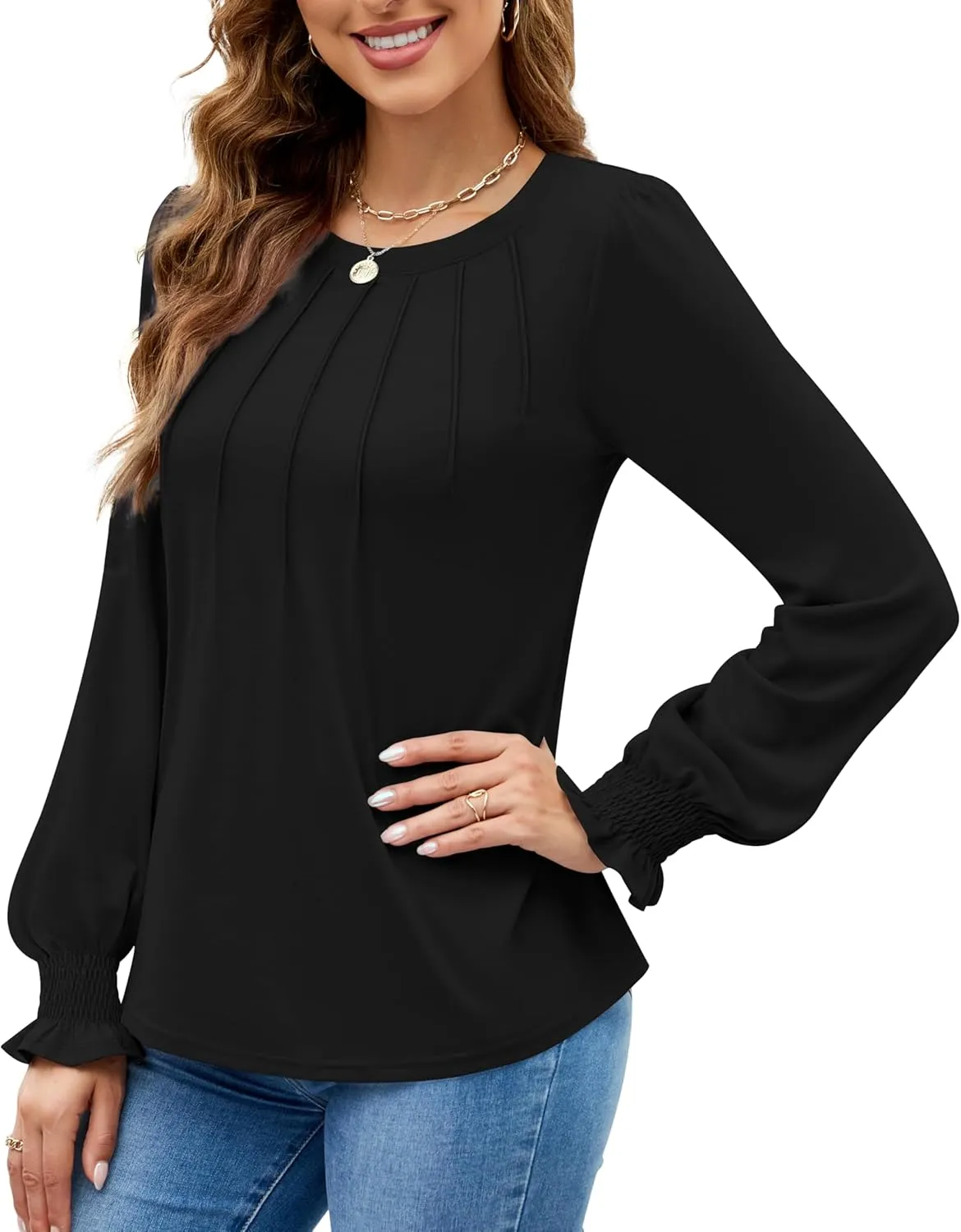 Funlingo Womens Long Sleeve Tops Fashion Fall Shirts Scoop Neck Pleated Ruffle Loose Tunic Tops Business Work Blouse