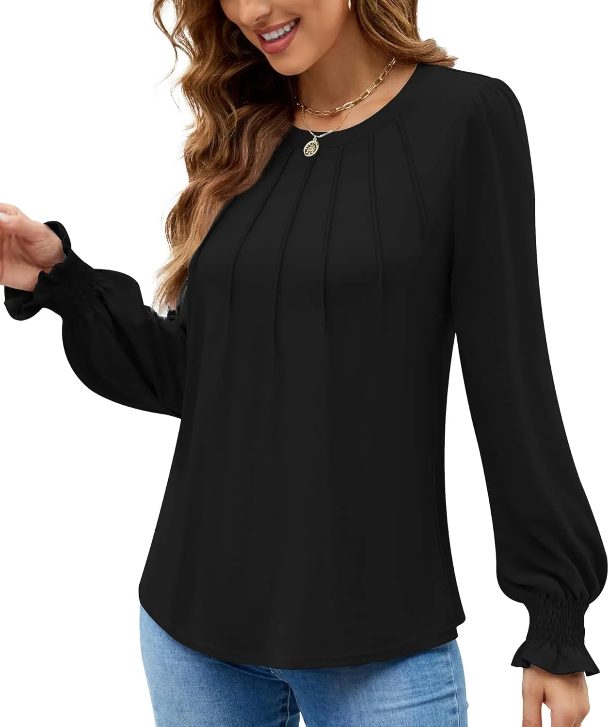 Funlingo Womens Long Sleeve Tops Fashion Fall Shirts Scoop Neck Pleated Ruffle Loose Tunic Tops Business Work Blouse