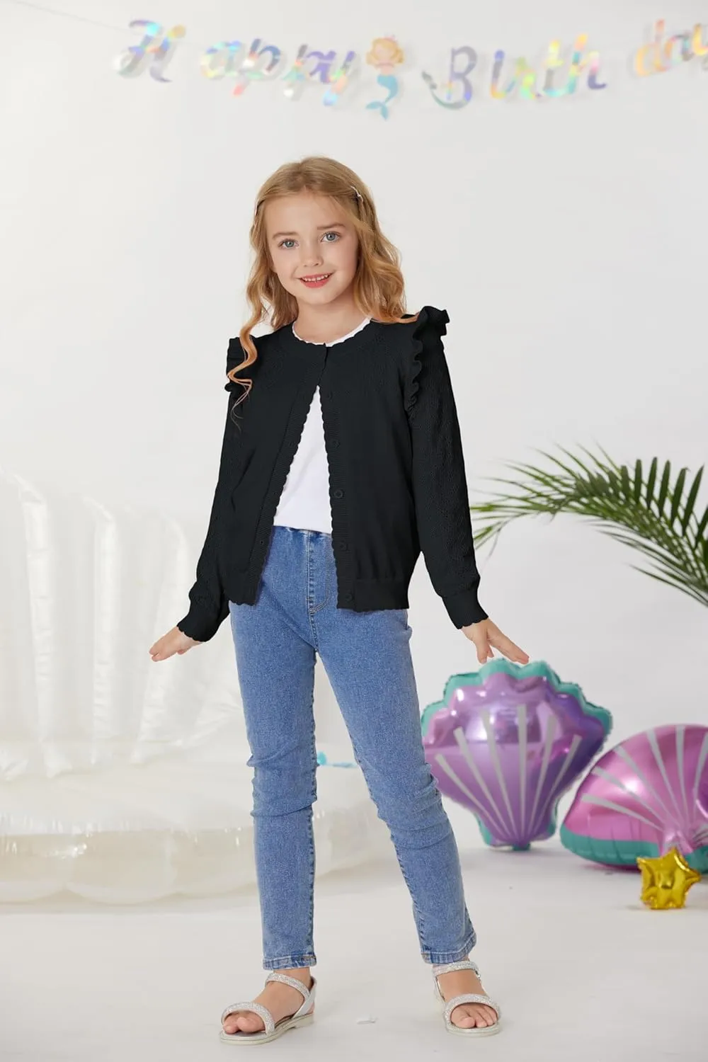 GRACE KARIN Girls Cardigan Cable Knit Sweater Long Sleeve Open Front Button Light Weight Solid Crochet Shrug 5-12