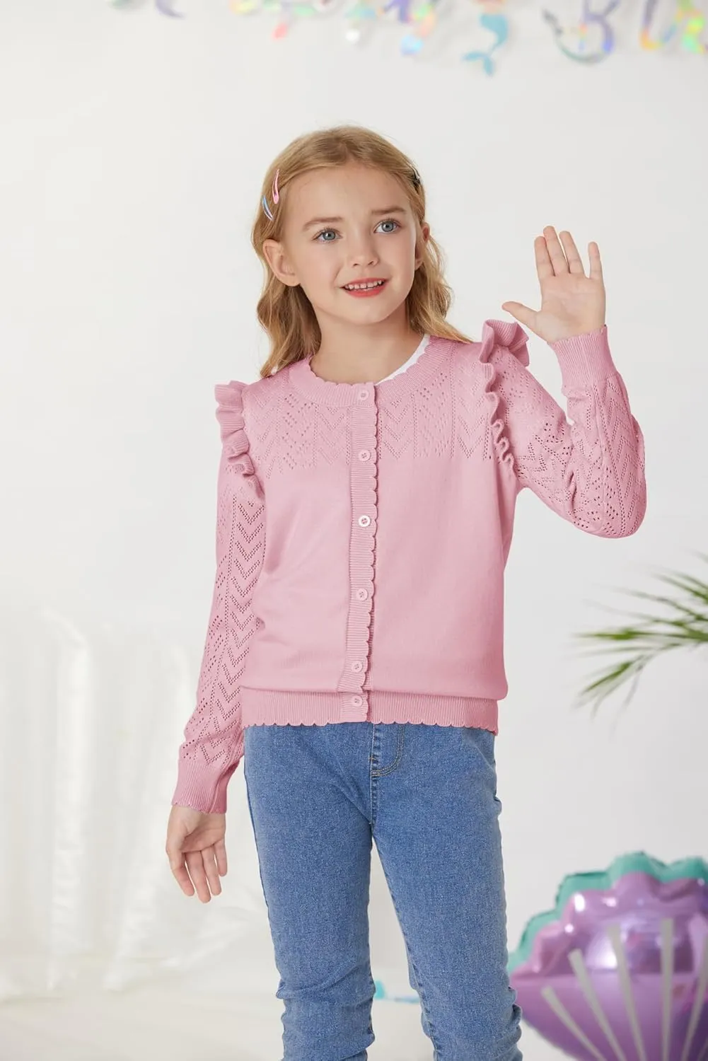 GRACE KARIN Girls Cardigan Cable Knit Sweater Long Sleeve Open Front Button Light Weight Solid Crochet Shrug 5-12