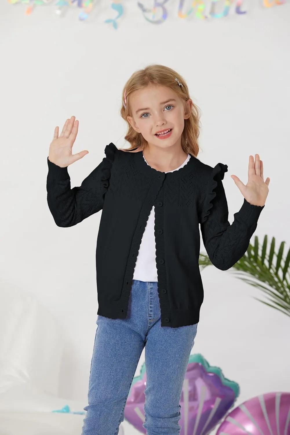 GRACE KARIN Girls Cardigan Cable Knit Sweater Long Sleeve Open Front Button Light Weight Solid Crochet Shrug 5-12