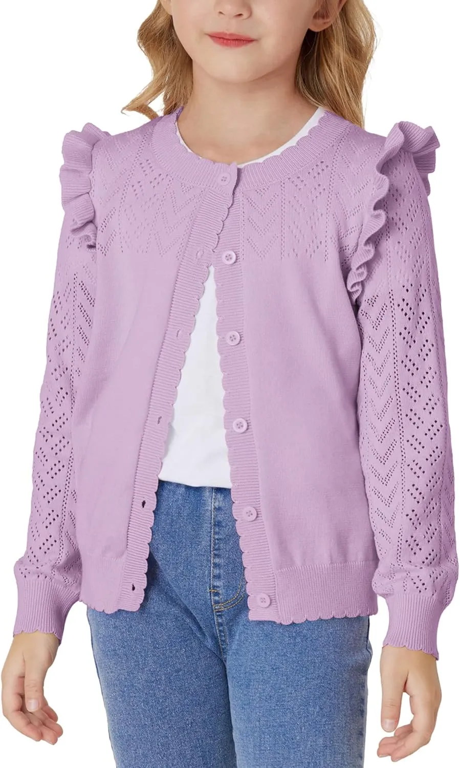 GRACE KARIN Girls Cardigan Cable Knit Sweater Long Sleeve Open Front Button Light Weight Solid Crochet Shrug 5-12