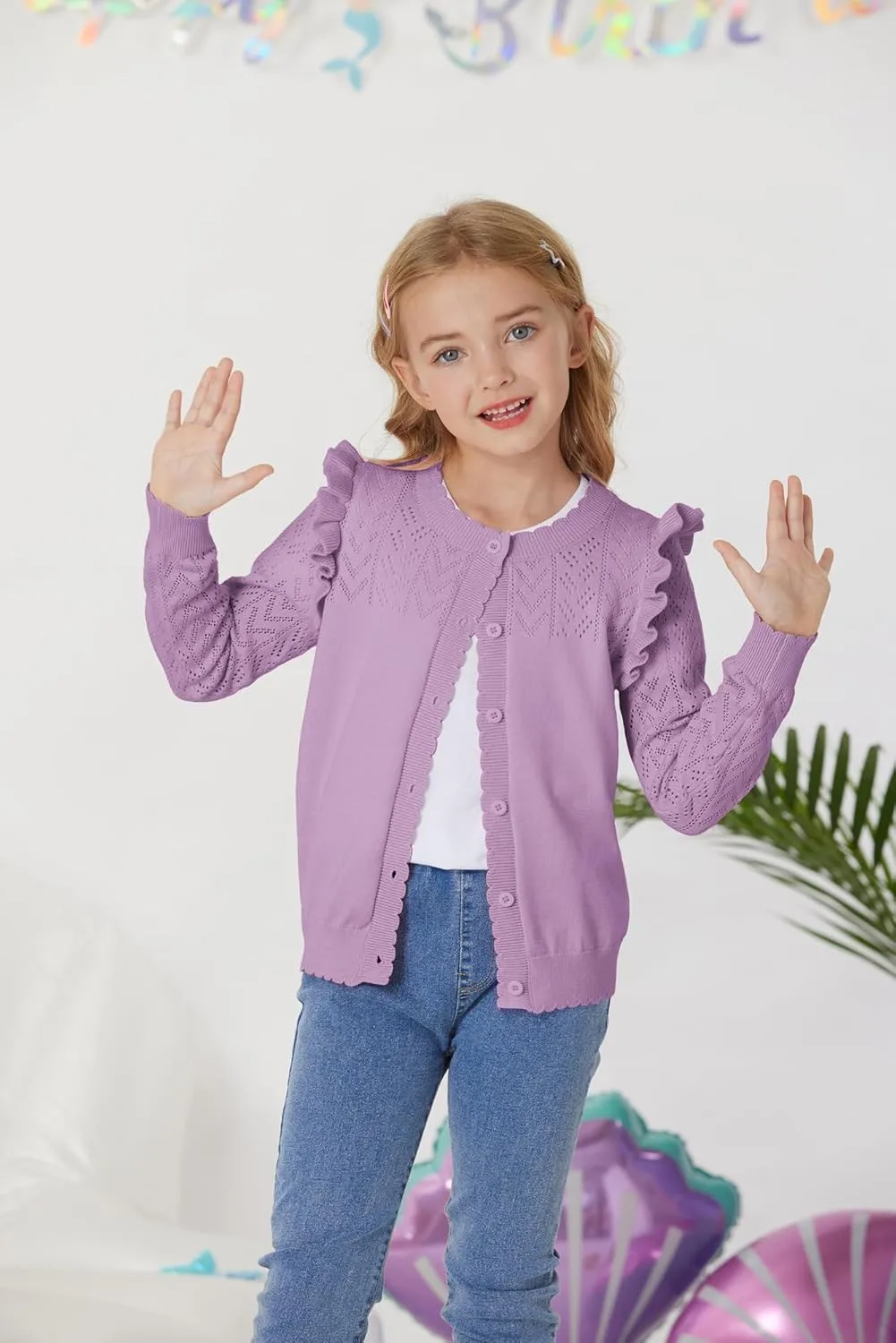 GRACE KARIN Girls Cardigan Cable Knit Sweater Long Sleeve Open Front Button Light Weight Solid Crochet Shrug 5-12