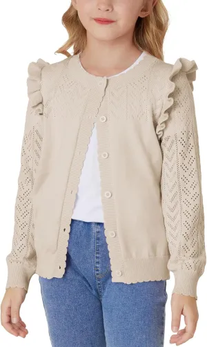 GRACE KARIN Girls Cardigan Cable Knit Sweater Long Sleeve Open Front Button Light Weight Solid Crochet Shrug 5-12