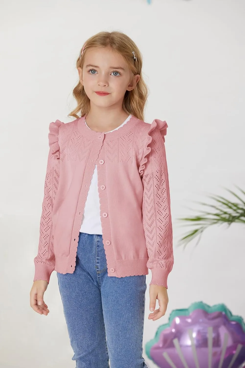 GRACE KARIN Girls Cardigan Cable Knit Sweater Long Sleeve Open Front Button Light Weight Solid Crochet Shrug 5-12