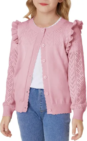 GRACE KARIN Girls Cardigan Cable Knit Sweater Long Sleeve Open Front Button Light Weight Solid Crochet Shrug 5-12