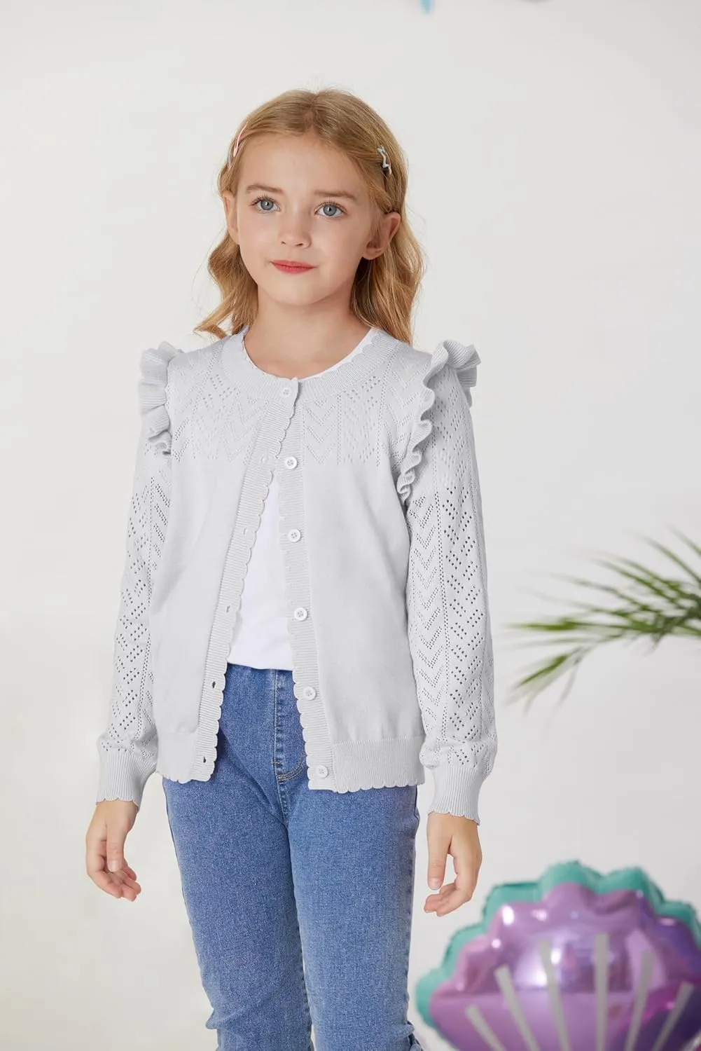 GRACE KARIN Girls Cardigan Cable Knit Sweater Long Sleeve Open Front Button Light Weight Solid Crochet Shrug 5-12