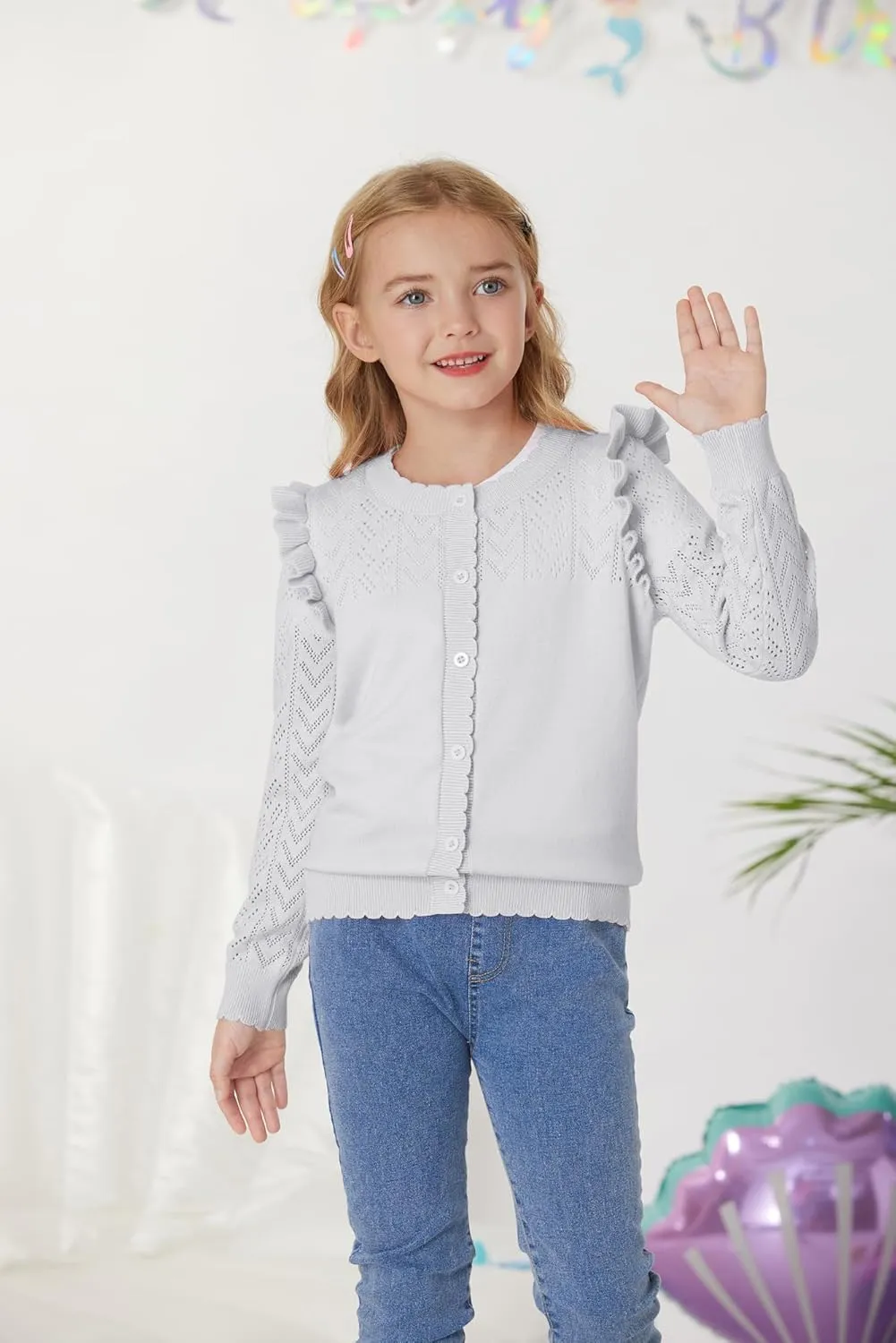 GRACE KARIN Girls Cardigan Cable Knit Sweater Long Sleeve Open Front Button Light Weight Solid Crochet Shrug 5-12