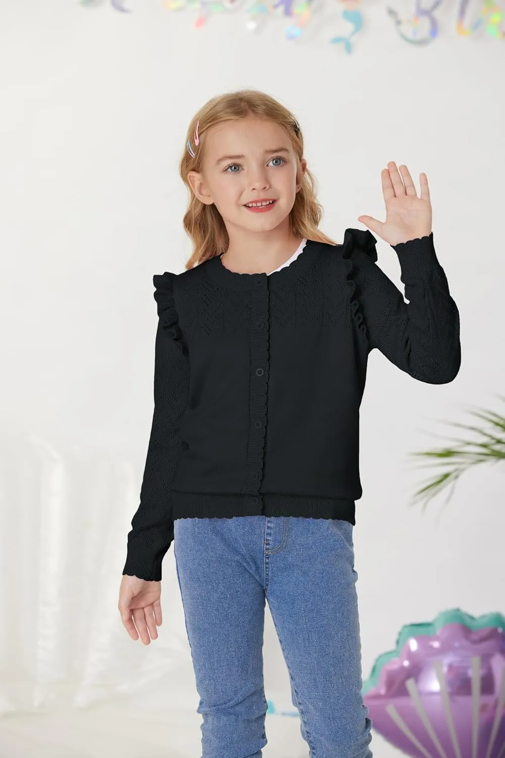 GRACE KARIN Girls Cardigan Cable Knit Sweater Long Sleeve Open Front Button Light Weight Solid Crochet Shrug 5-12