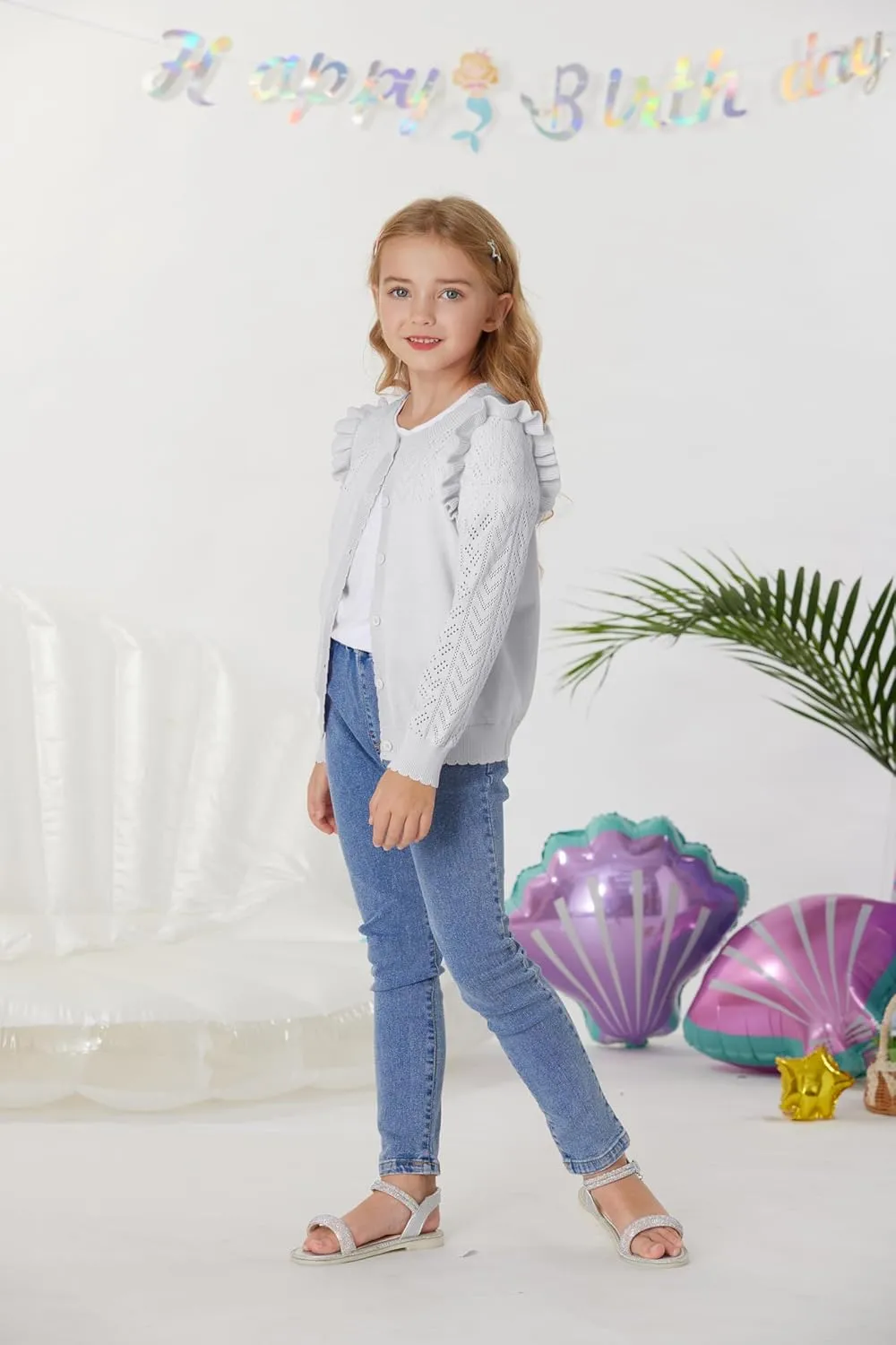 GRACE KARIN Girls Cardigan Cable Knit Sweater Long Sleeve Open Front Button Light Weight Solid Crochet Shrug 5-12