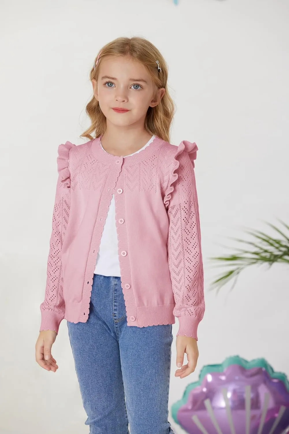 GRACE KARIN Girls Cardigan Cable Knit Sweater Long Sleeve Open Front Button Light Weight Solid Crochet Shrug 5-12