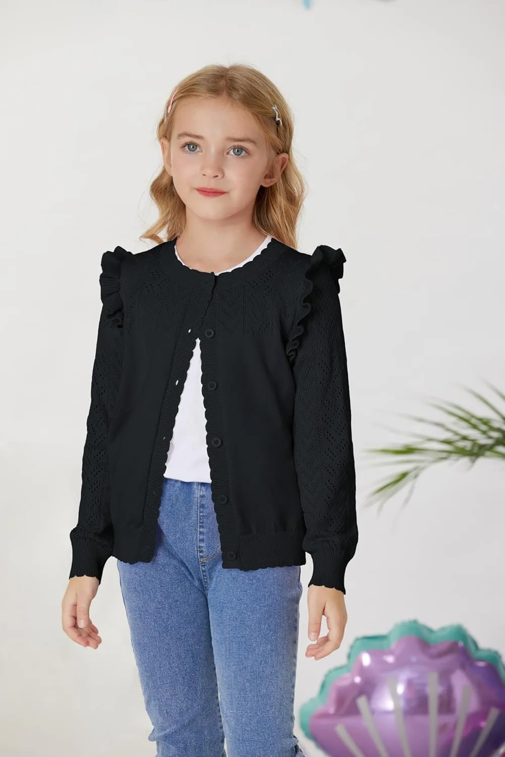 GRACE KARIN Girls Cardigan Cable Knit Sweater Long Sleeve Open Front Button Light Weight Solid Crochet Shrug 5-12