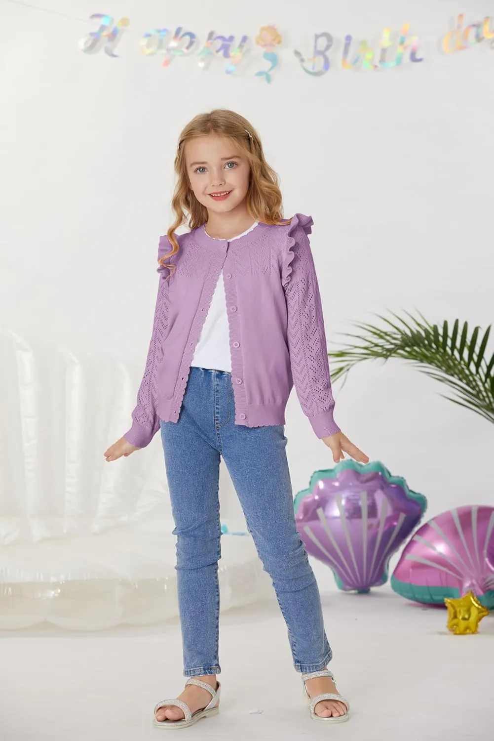 GRACE KARIN Girls Cardigan Cable Knit Sweater Long Sleeve Open Front Button Light Weight Solid Crochet Shrug 5-12