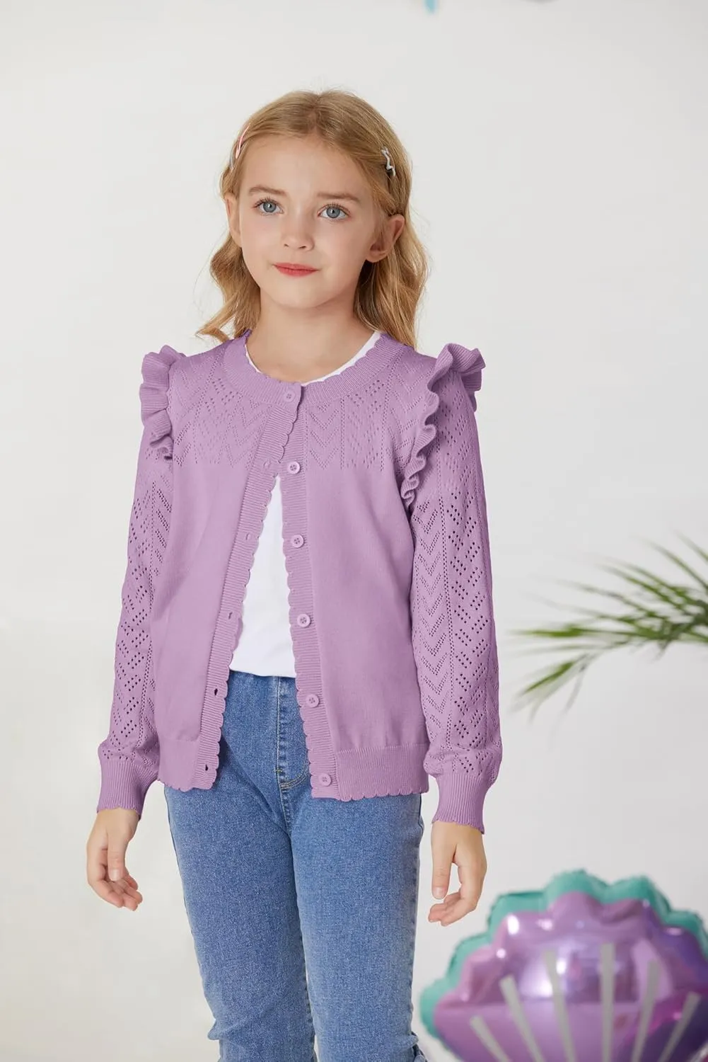 GRACE KARIN Girls Cardigan Cable Knit Sweater Long Sleeve Open Front Button Light Weight Solid Crochet Shrug 5-12