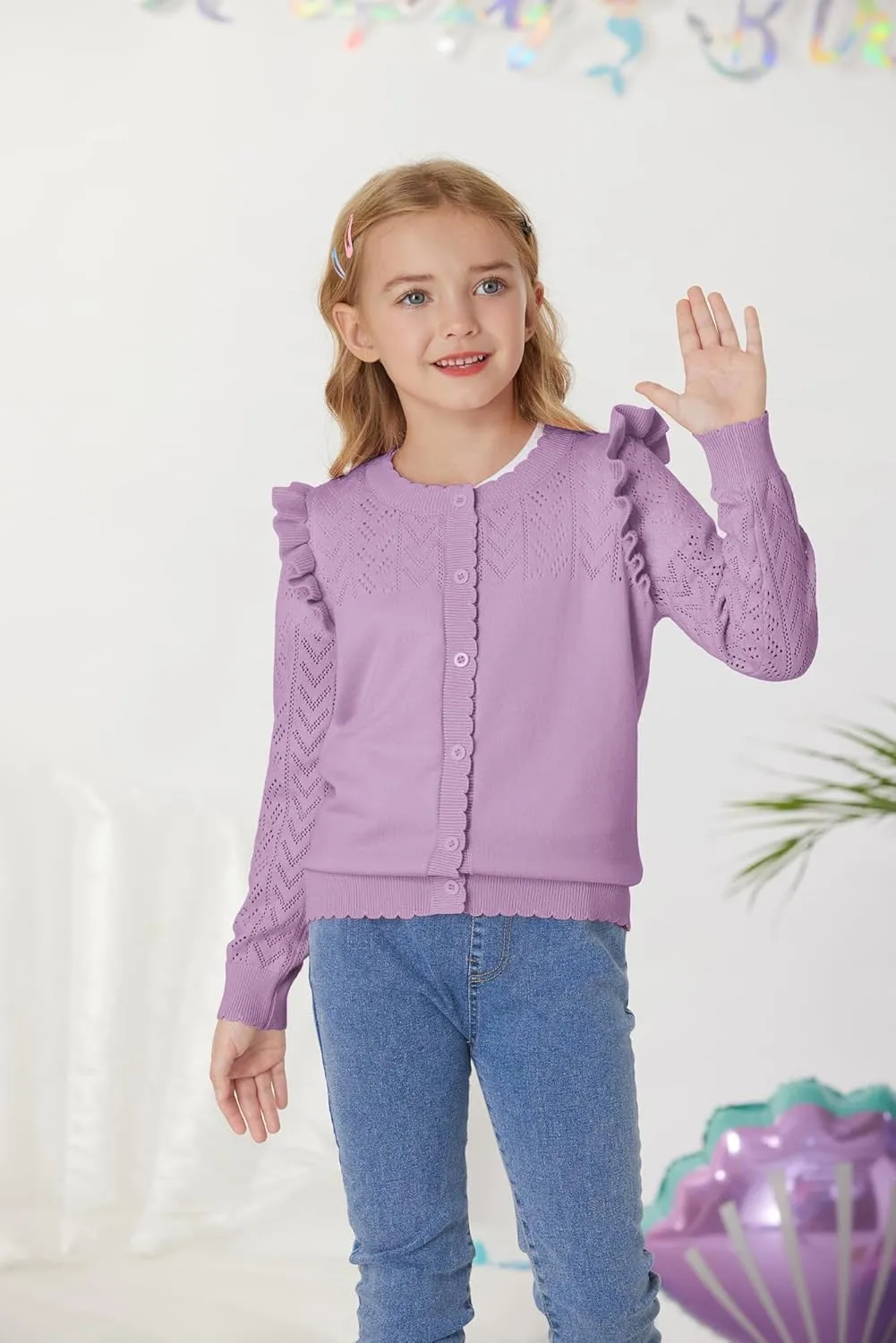GRACE KARIN Girls Cardigan Cable Knit Sweater Long Sleeve Open Front Button Light Weight Solid Crochet Shrug 5-12