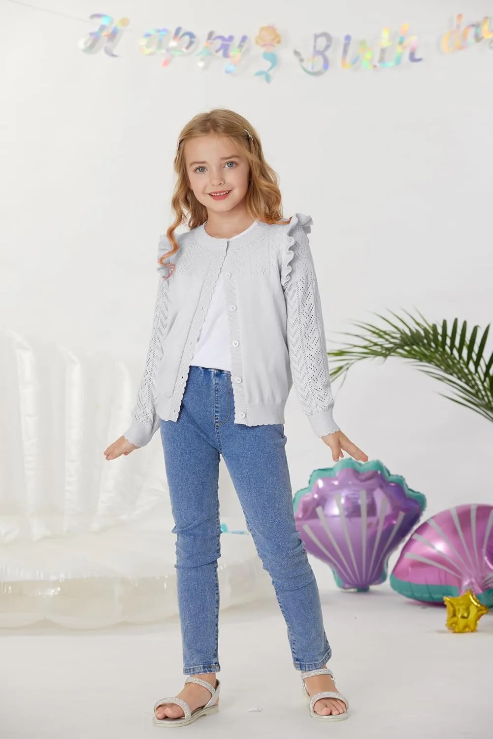 GRACE KARIN Girls Cardigan Cable Knit Sweater Long Sleeve Open Front Button Light Weight Solid Crochet Shrug 5-12