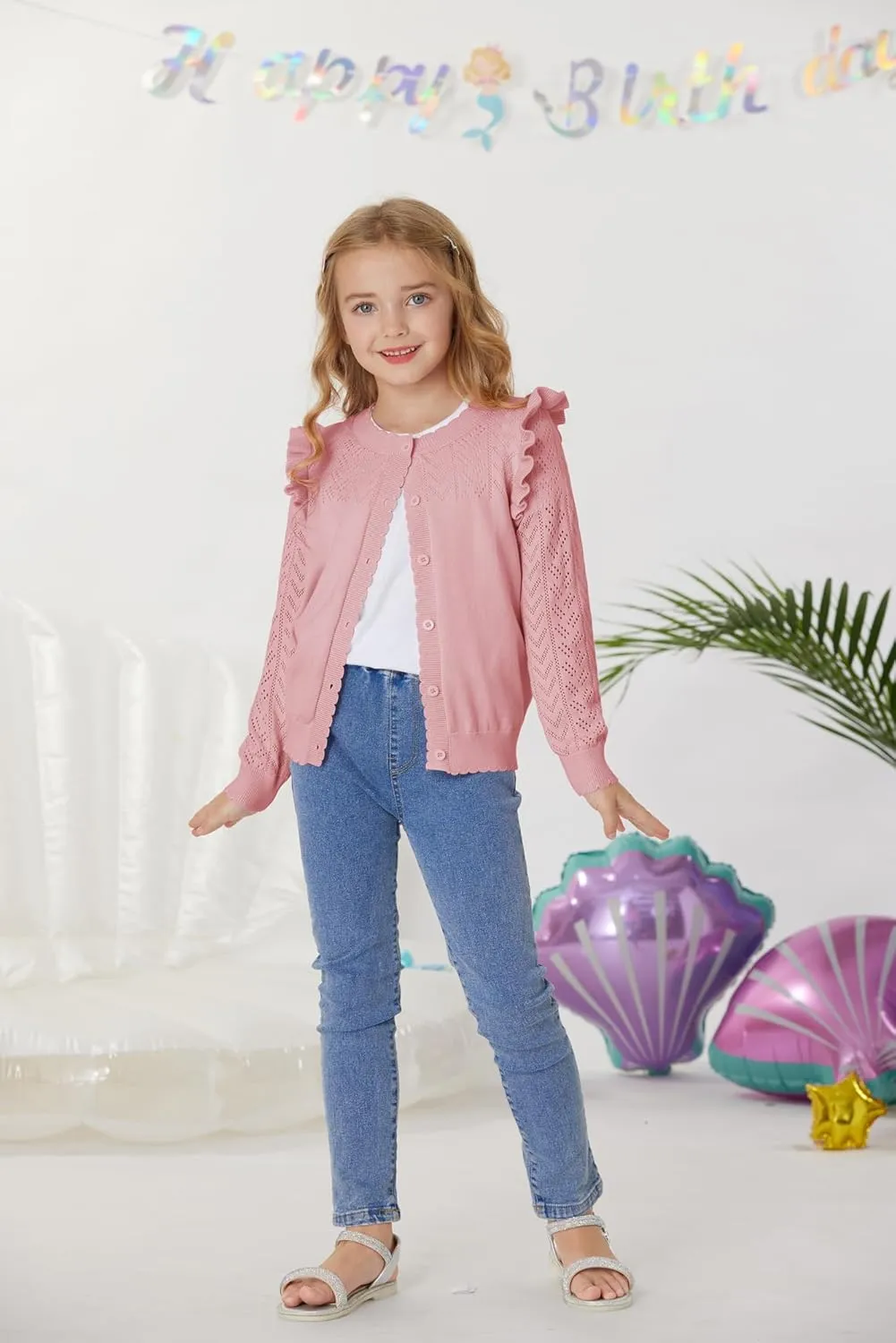 GRACE KARIN Girls Cardigan Cable Knit Sweater Long Sleeve Open Front Button Light Weight Solid Crochet Shrug 5-12
